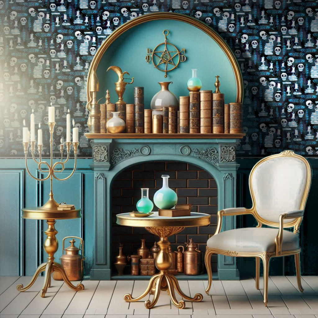 Blue, white, and black gothic wallpaper featuring dark academia skulls, books, and candles compliments a Victorian style fireplace scene with witchy elements.