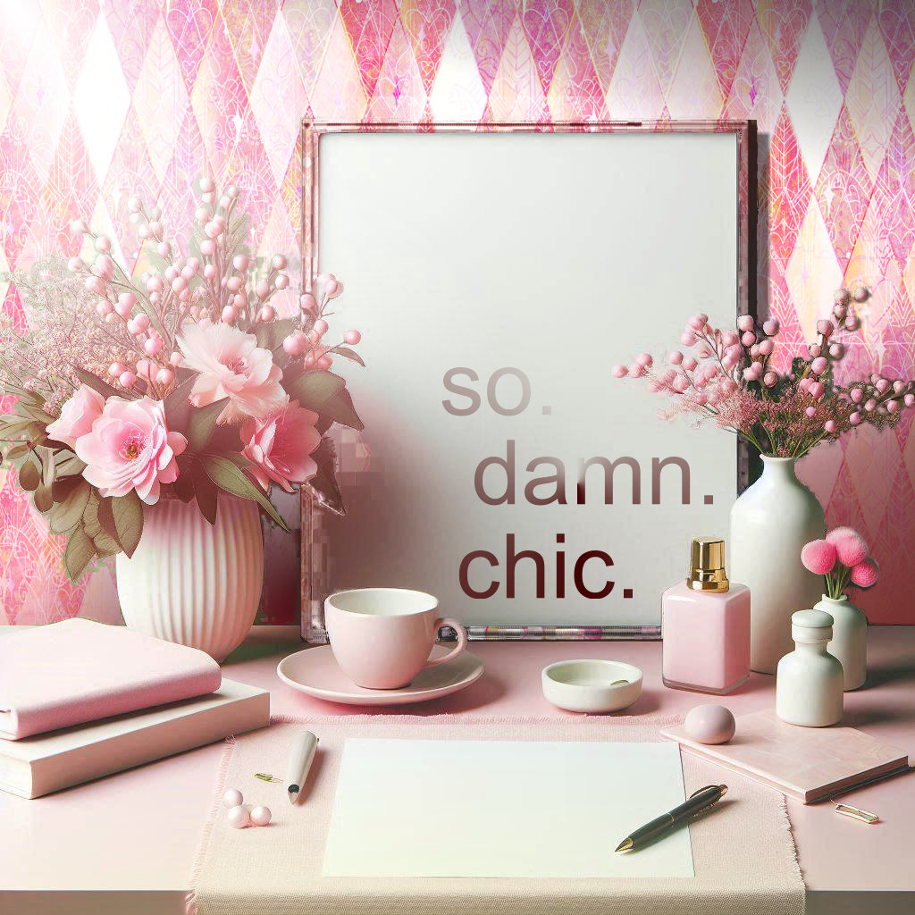 Wallpaper featuring pink and white geometric diamonds compliments the pastel pinks of a feminine style desk.  A framed print says, "So damn chic."