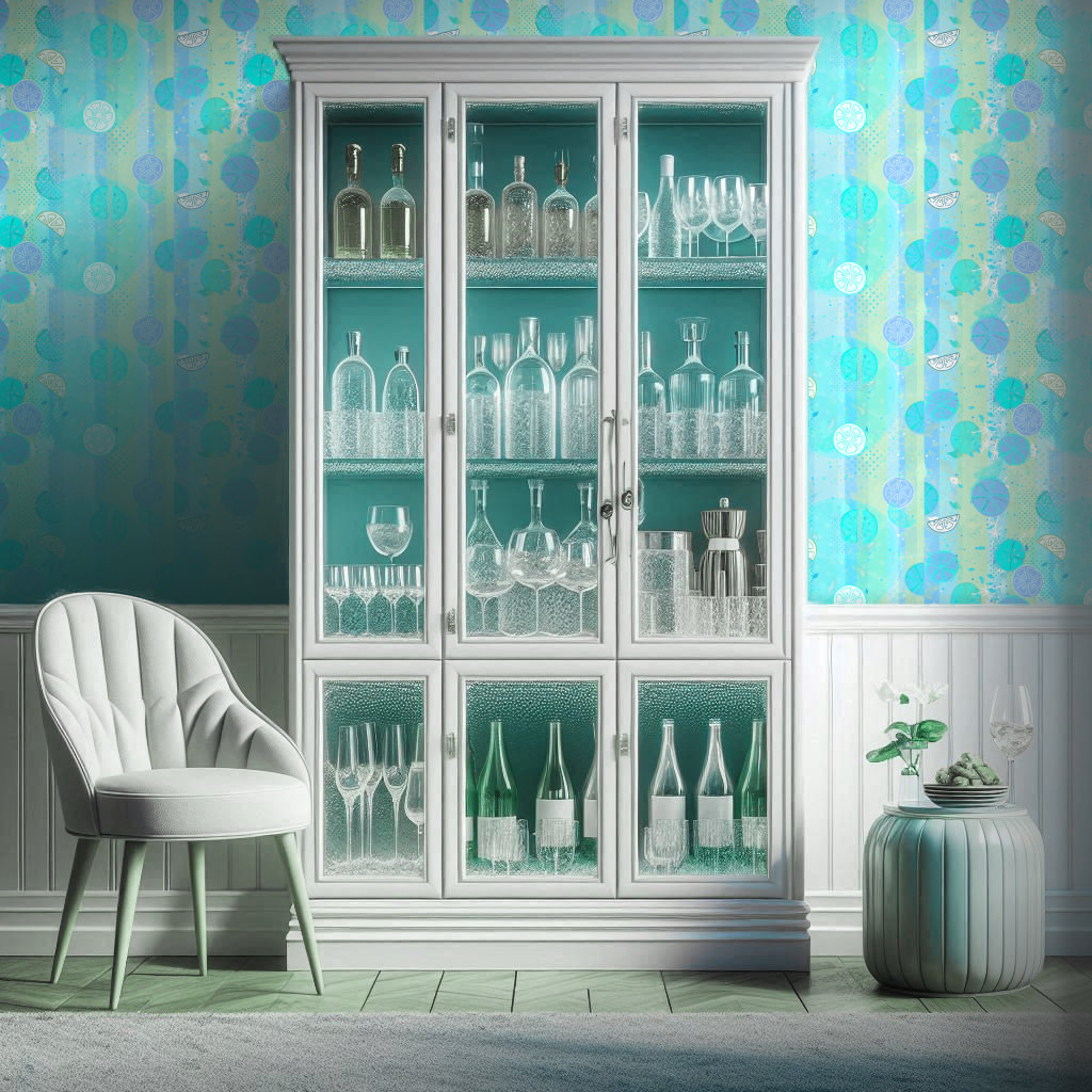 Bright aqua wallpaper featuring citrus slices in blue tones compliments a white 1940s style butler pantry with crystal glassware.