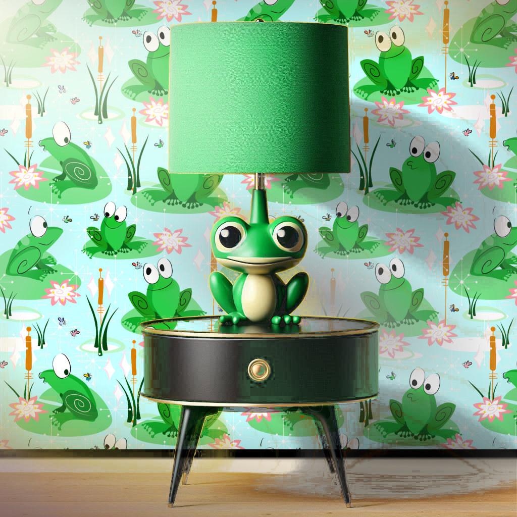 Whimsical wallpaper featuring mid century atomic style frogs, lilies, and cattails compliments an end table with a lamp shaped like a frog.