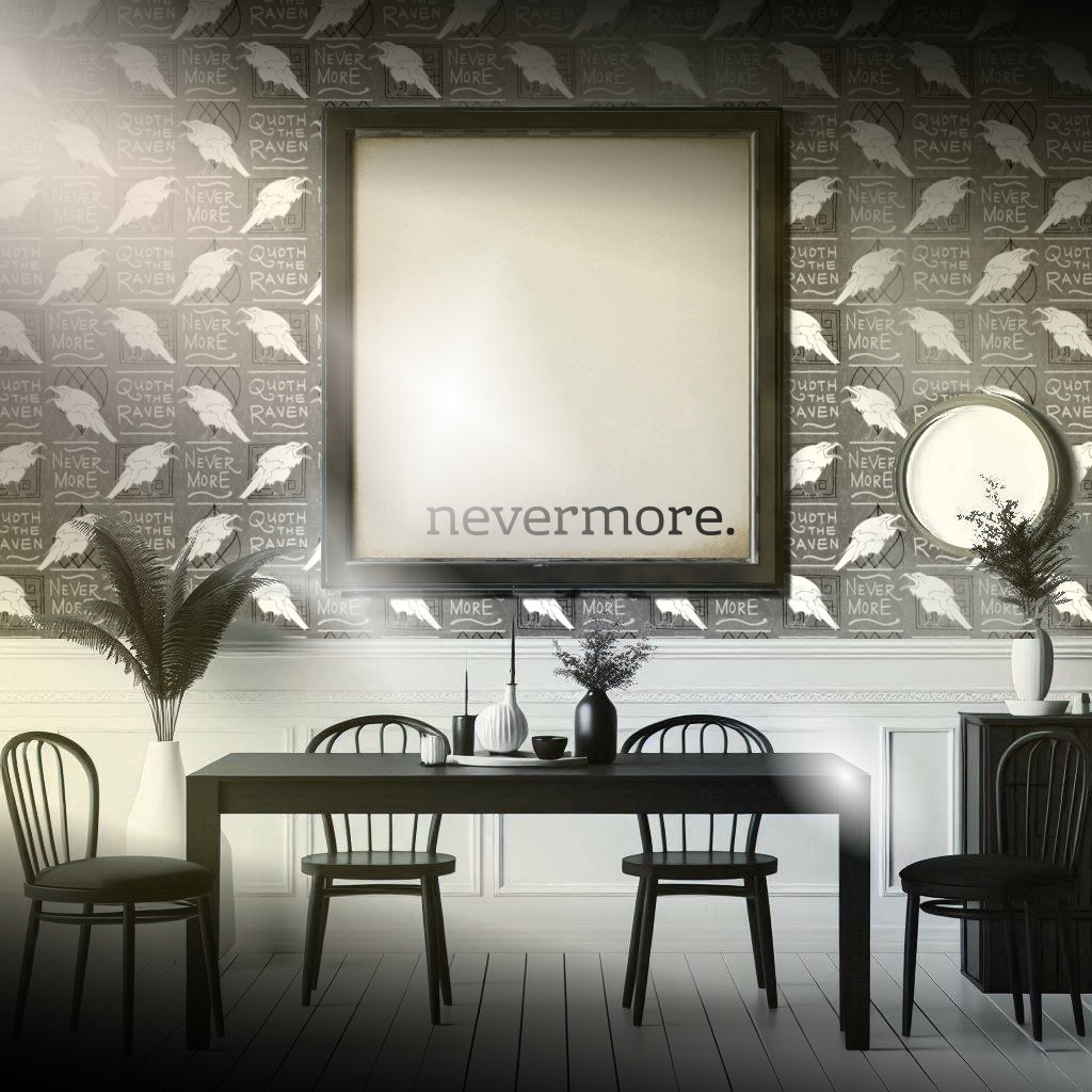 Whimsical black and white wallpaper featuring ravens and the phrase "Quoth the Raven Nevermore" compliments a dining room in simple gothic style.  A framed print says "nevermore" from Edgar Allan Poe's poem, The Raven.