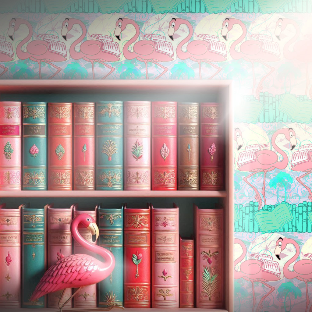 Whimsical wallpaper featuring cartoon pink flamingos reading books compliments a flamingo themed library bookshelf.