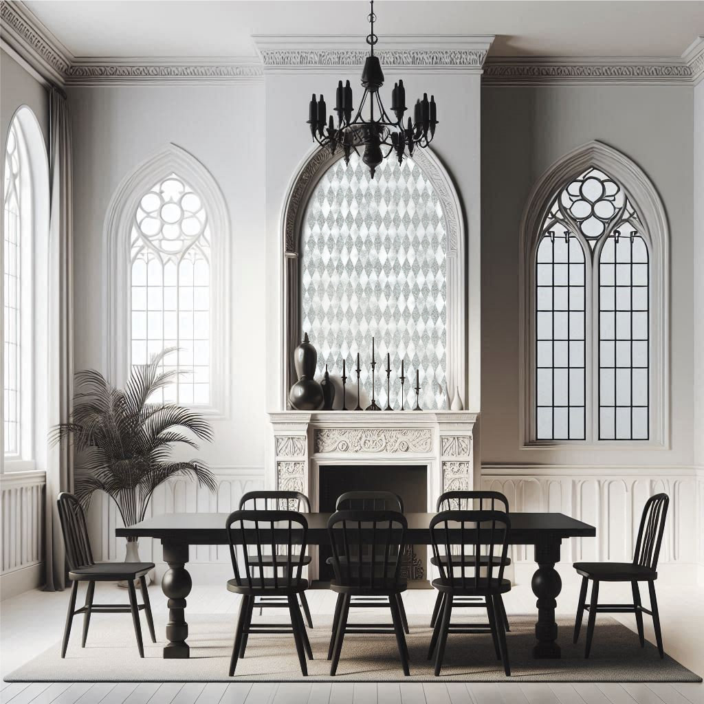 Wallpaper featuring silver and white geometric diamonds compliments a black and white dining room designed in the simple gothic style.