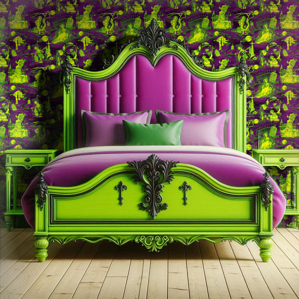 Green and purple gothic themed wallpaper featuring ghostly women in graveyards compliments a green and purple gothic bed.