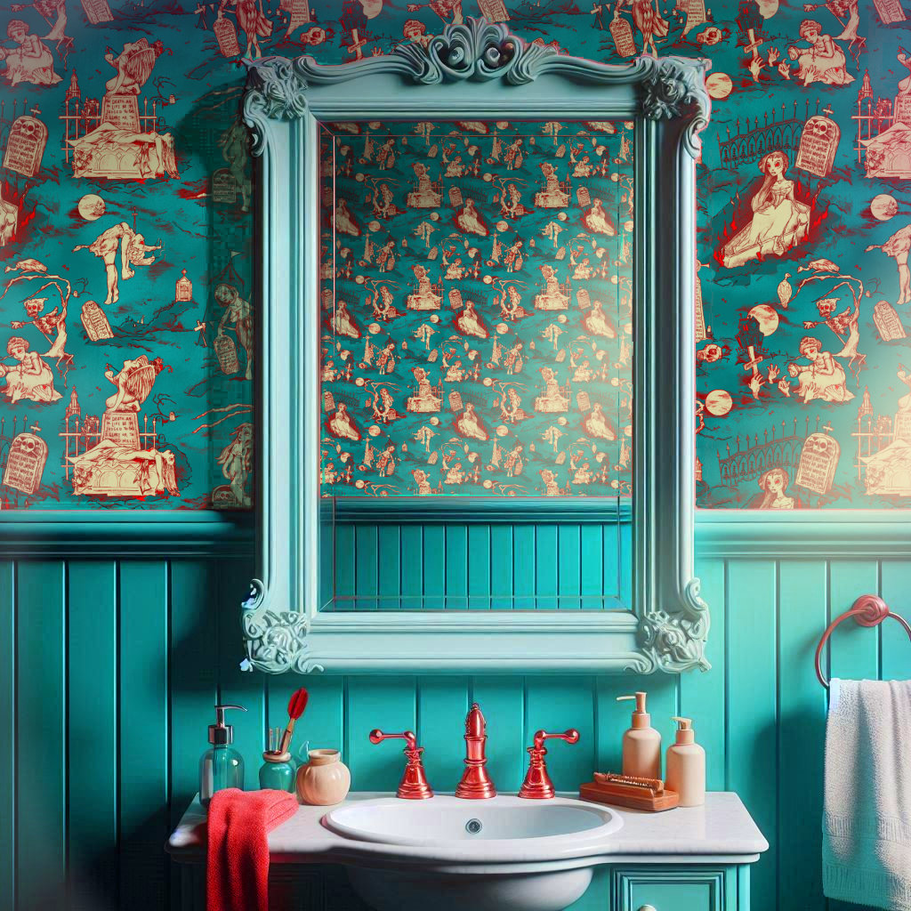 Red and aqua gothic themed wallpaper featuring ghostly women in graveyards compliments a Victorian style bathroom sink and mirror.