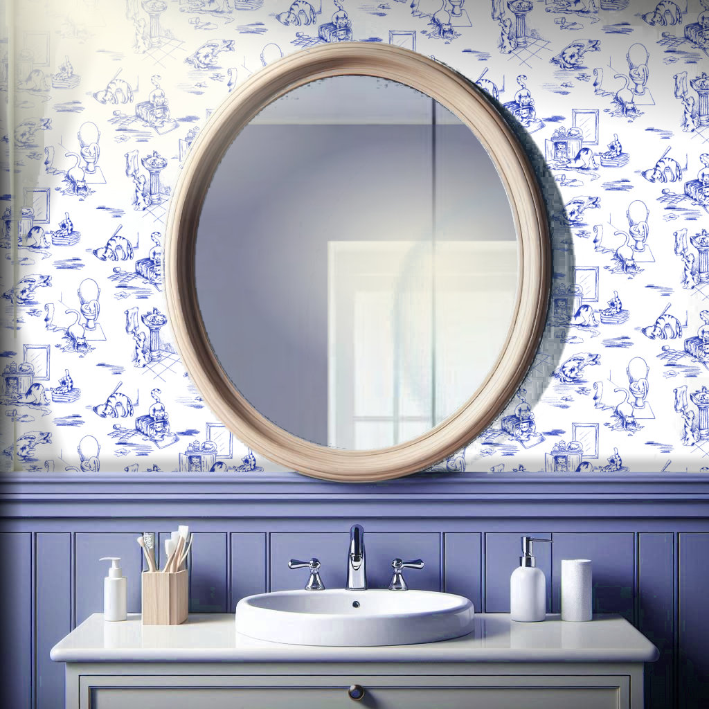 Blue toile wallpaper featuring naughty kitty cats playing in a bathroom compliments the soft blues tones of a farmhouse chic style bathroom.