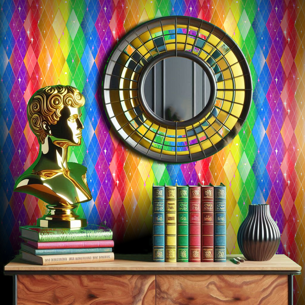 A wallpaper featuring diamonds vertically aligned in bright rainbow colored stripes compliments a wooden desk with brightly colored leather bound books.