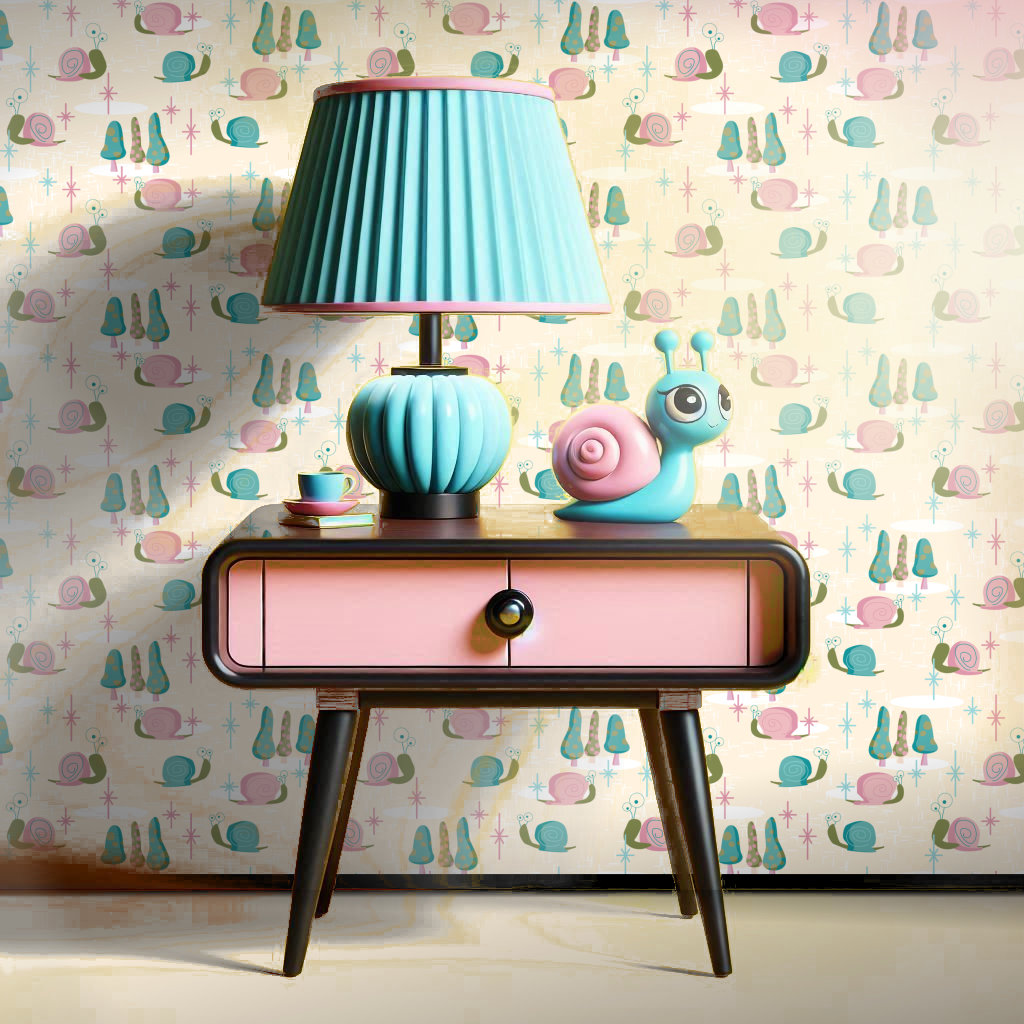 Pink, aqua, and cream colored whimsical wallpaper featuring mid century atomic style snails compliments a modern end table with a cute ceramic snail.