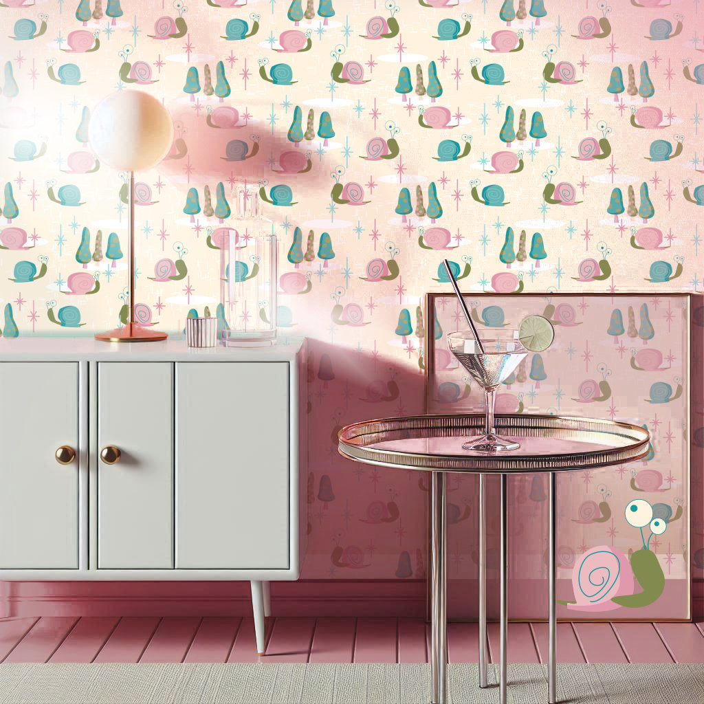 Pink, aqua, and cream colored whimsical wallpaper featuring mid century atomic style snails compliments a modern cocktail buffet.