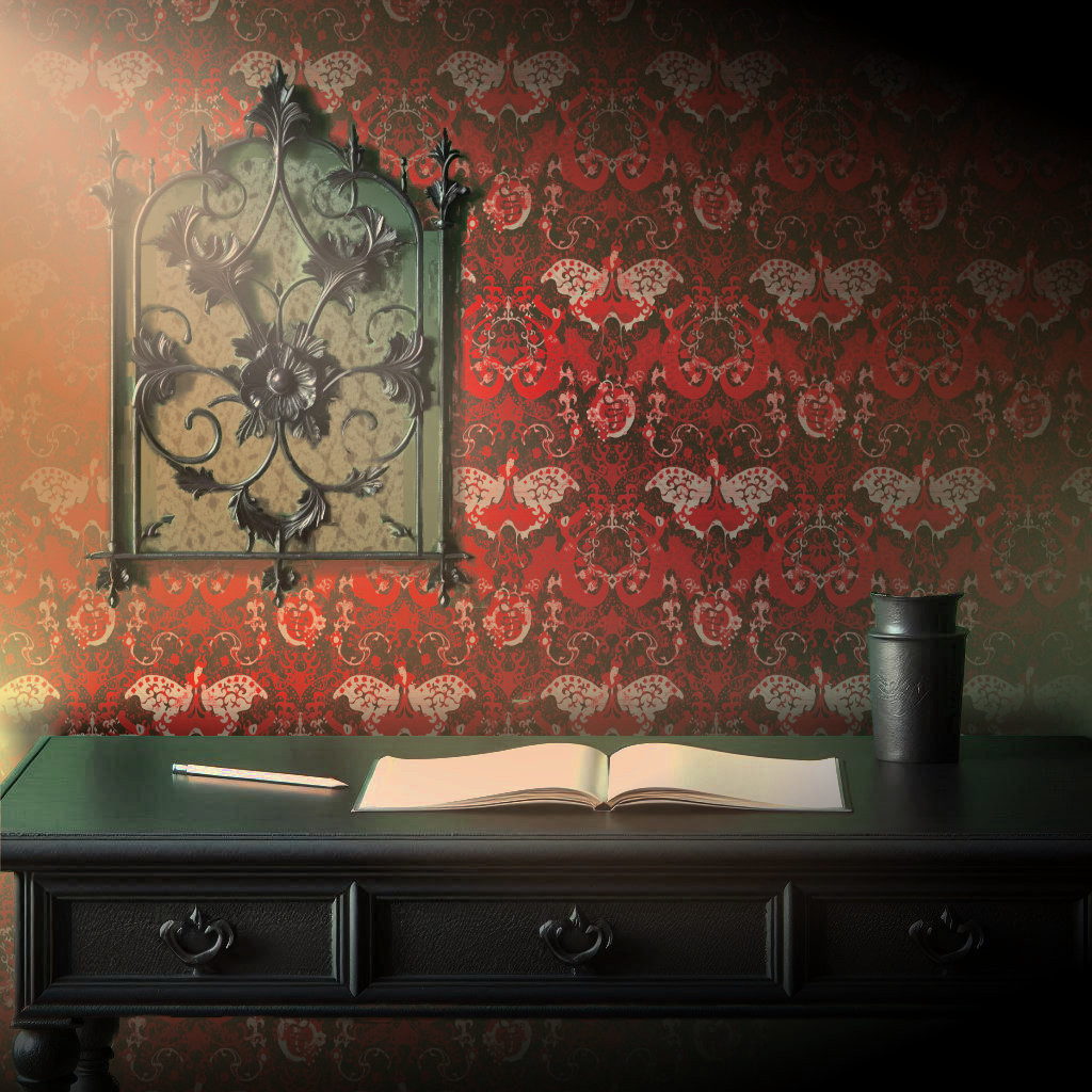 Red and black damask wallpaper featuring dragons and butterflies compliments a simple gothic desk.