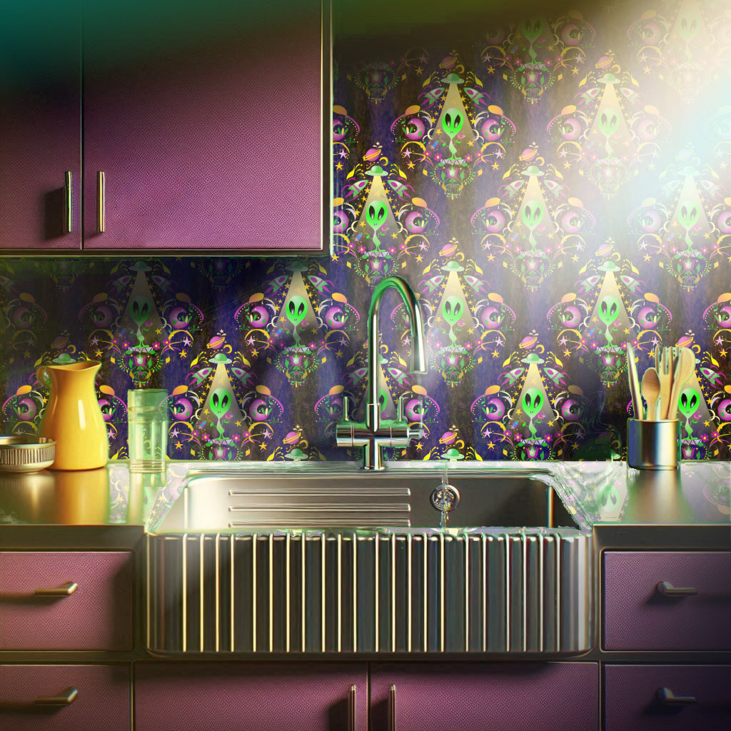 Brightly colored whimsical wallpaper featuring both aliens and Scandinavian folk art elements compliments a kitchen with plum purple cabinets.