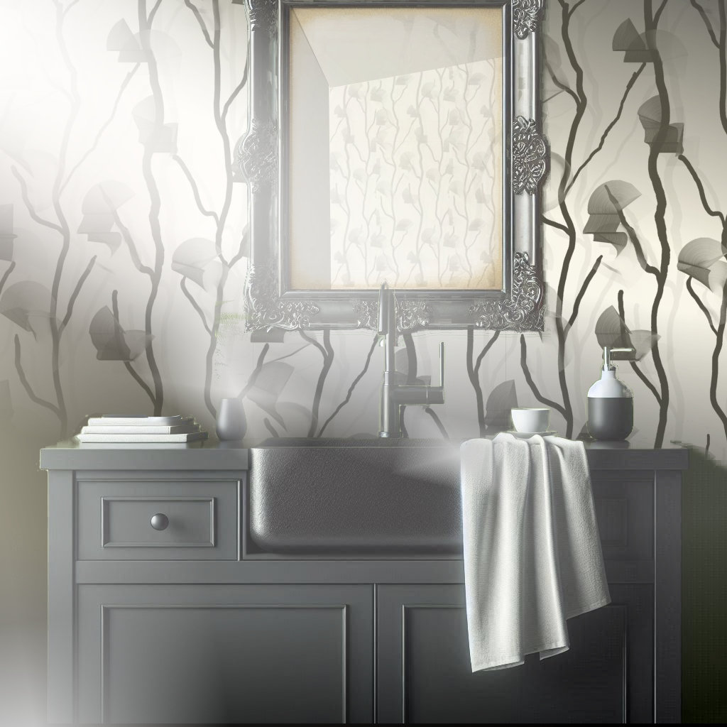 Black and white wallpaper featuring simple yet elegant modern vines compliments a simple modern black bathroom cabinet.