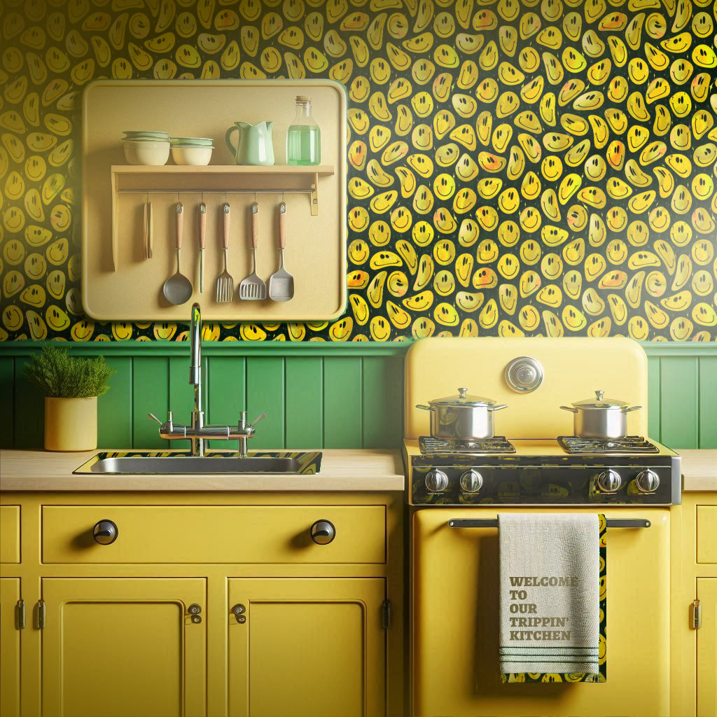 Trippy wallpaper featuring warpy-looking smiley faces in black and yellow compliments a yellow, very retro 1940s kitchen.