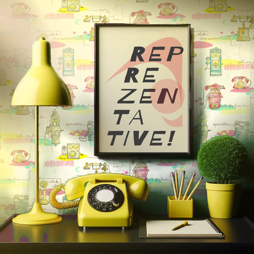 A 1940s style wallpaper featuring early 1900s antique phones in bright modern colors compliments a mid century modern desk with a phone on top of it.  A framed print says, "REP RE ZEN TA TIVE!"