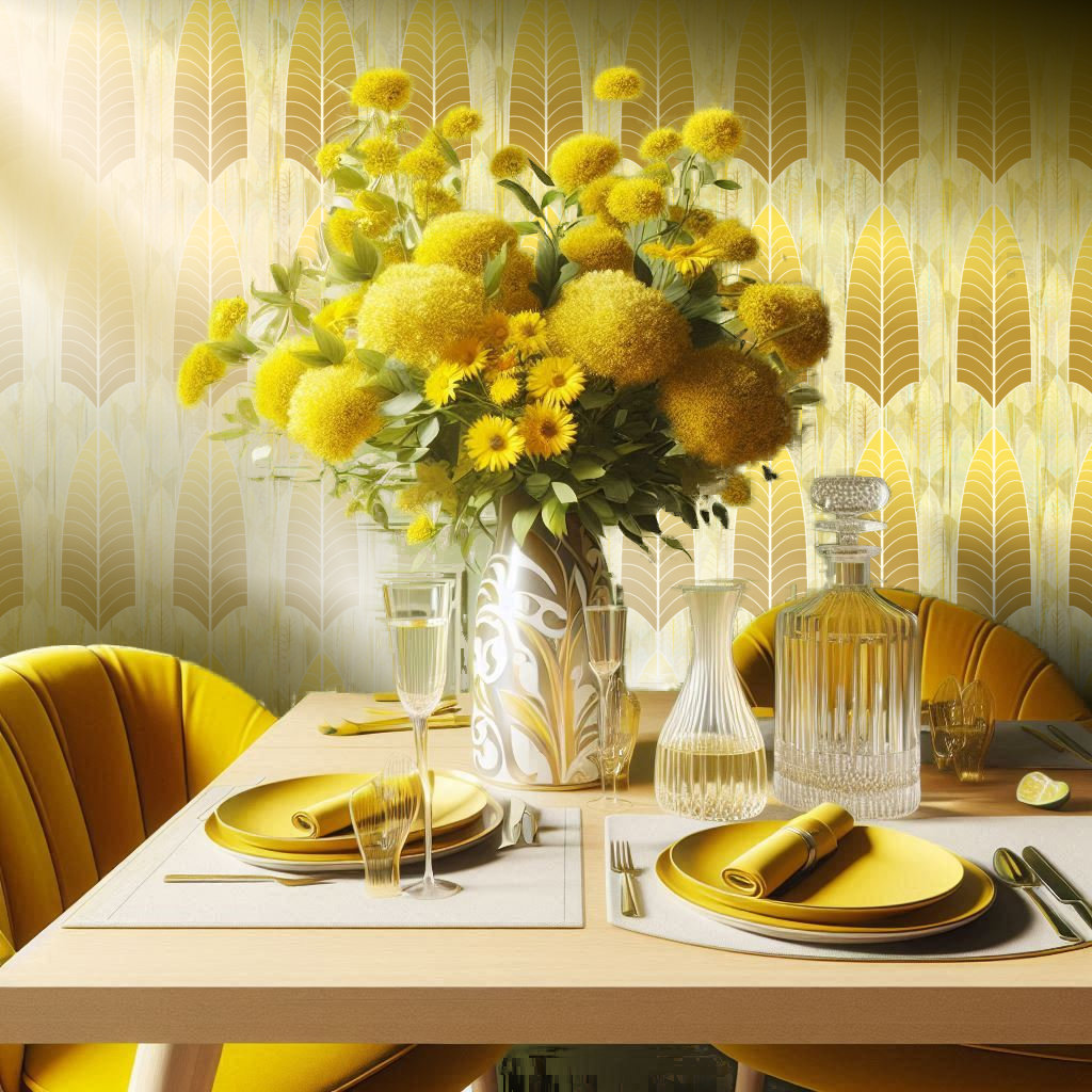 Wallpaper featuring Art Deco style leaves in golds and yellows compliments an Art Deco table setting.