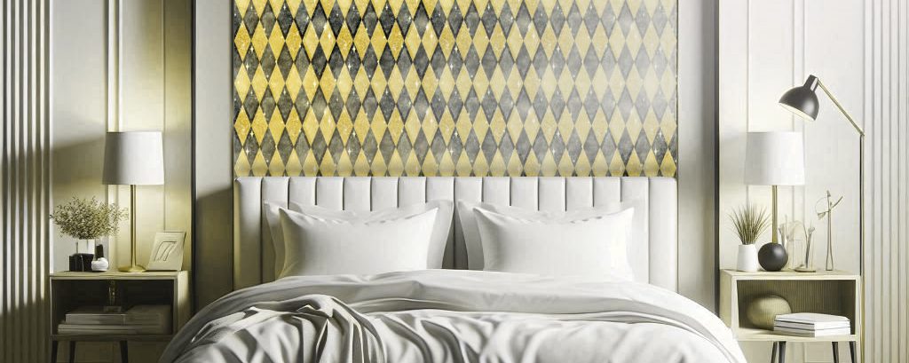 A wallpapered accent wall features gold and black harlequin diamond wallpaper and compliments a luxurious off-white bedroom with a king bed.