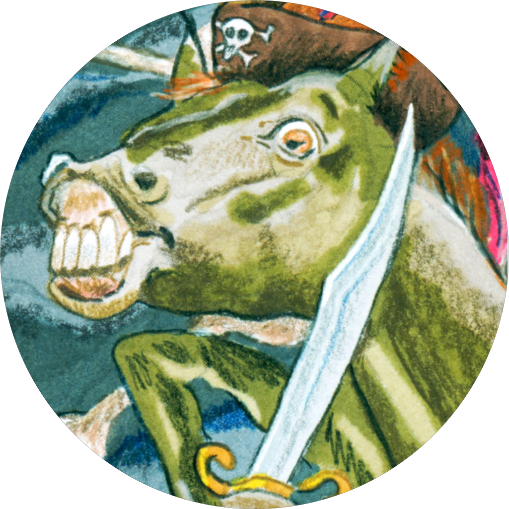 A crazy-eyed horse with bared teeth wearing a pirate outfit wields a saber.